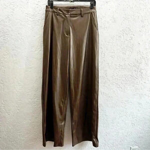 PrettyLittleThing Chocolate PU High Waist Wide Leg Pants Size 6